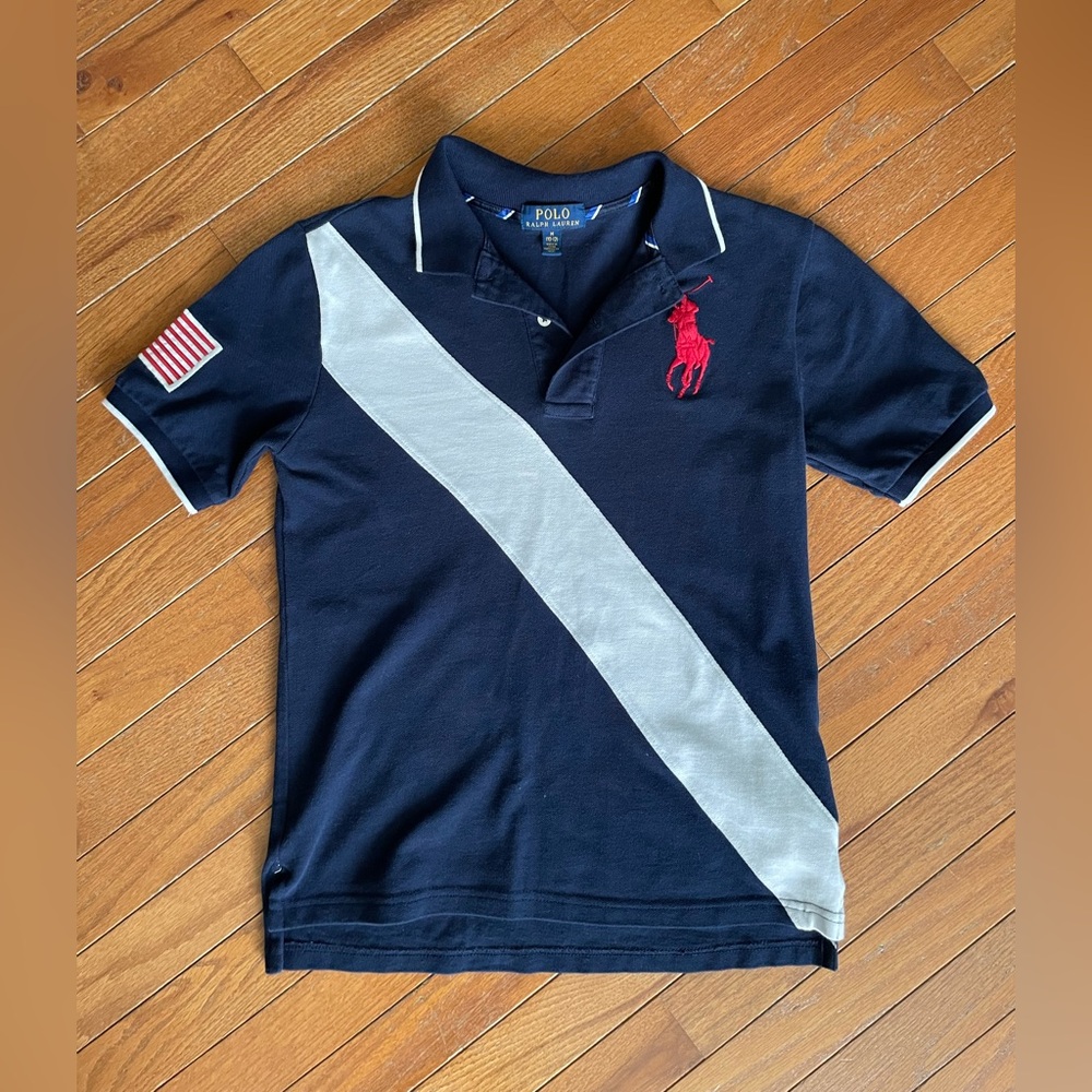 Polo Ralph Lauren Boys Big Pony Polo Shirt Navy USA Flag Stripe Size M 10-12